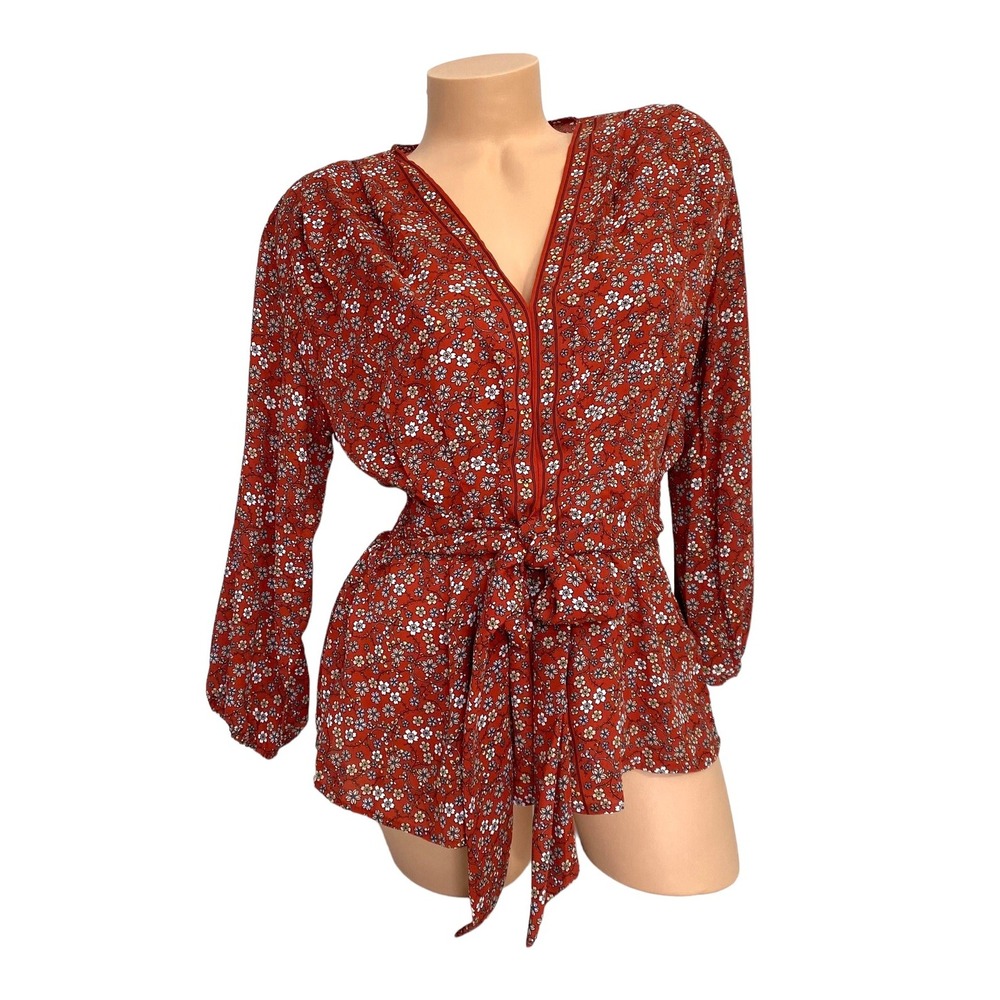 Max Studio Women's MEDIUM Teyessda Crepe Floral 3/4 Sleeve Tie Front Blouse Top